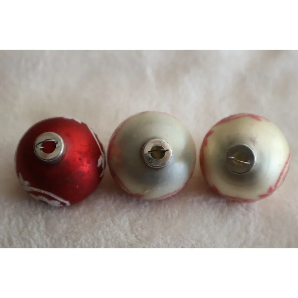 Vintage Lot 6x Glass Ball Red White Glitter Christmas Ornament Flower 1.75